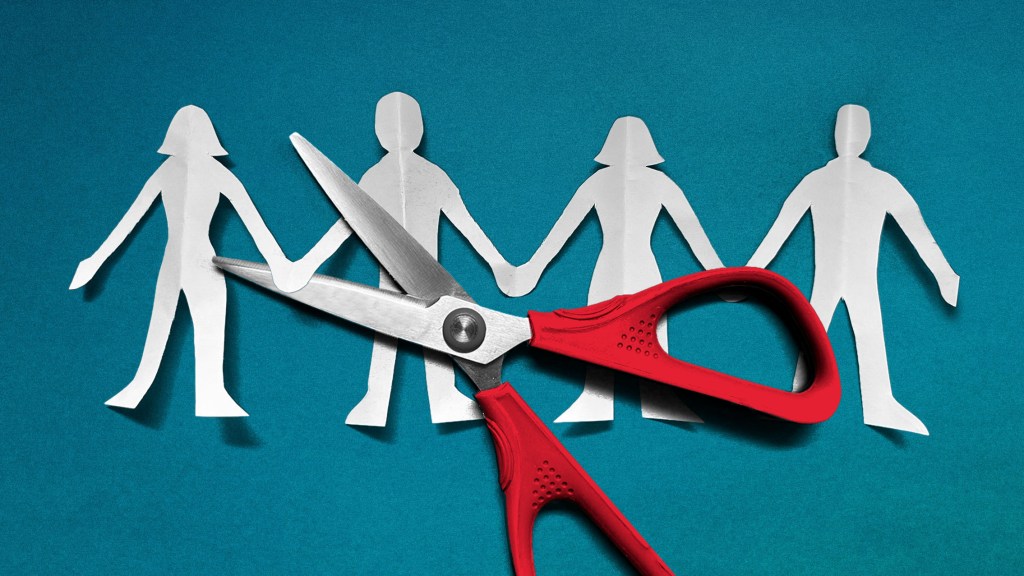 A collage of paper people holding hands with a pair of scissors cutting off one of them from the relationship.