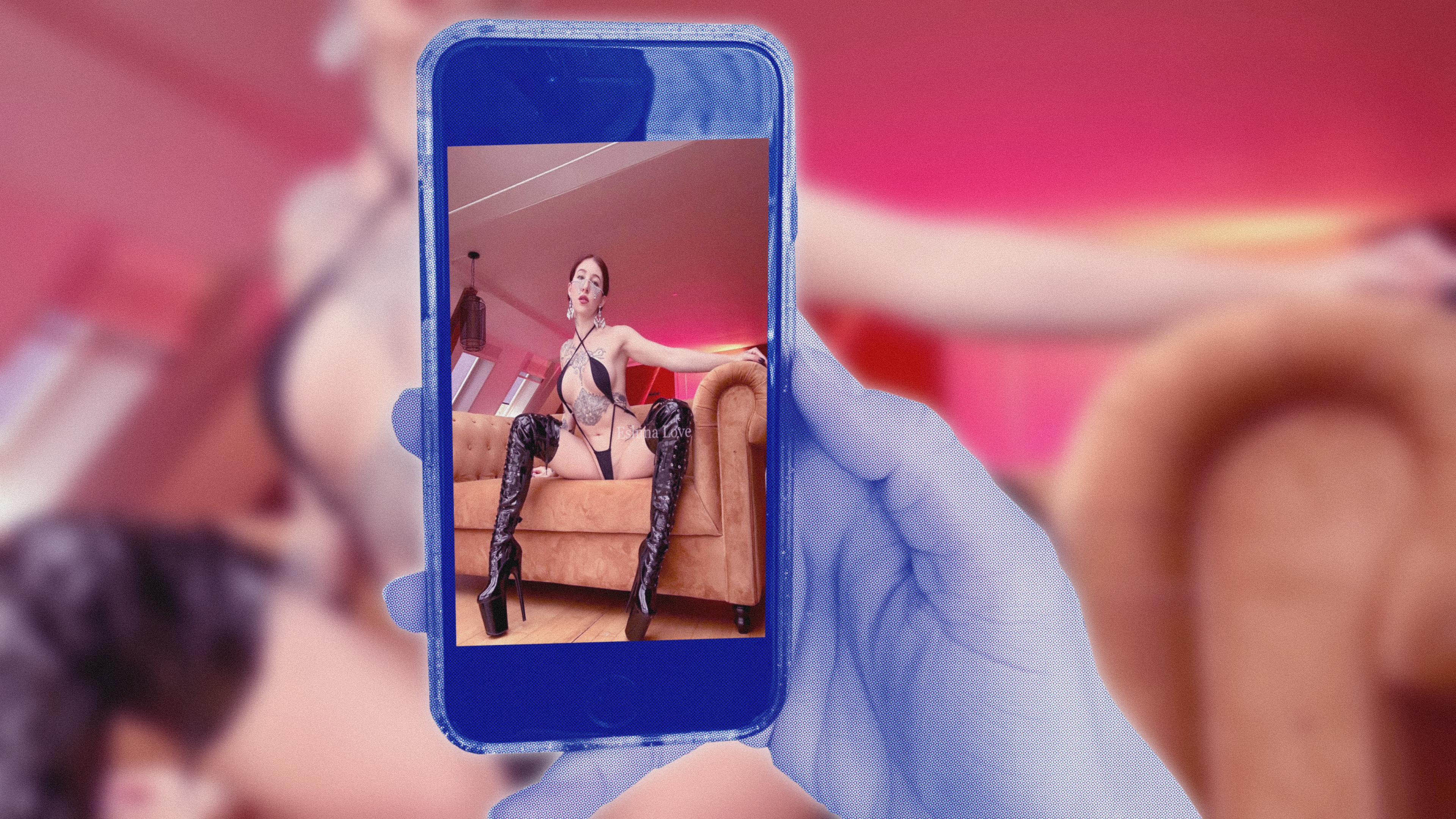 sex tape - illustration of a hand holding a smartphone. On the screen of the phone and in the background, there's a picture of a woman wearing latex boots and black lingerie, sitting on a brown leather couch