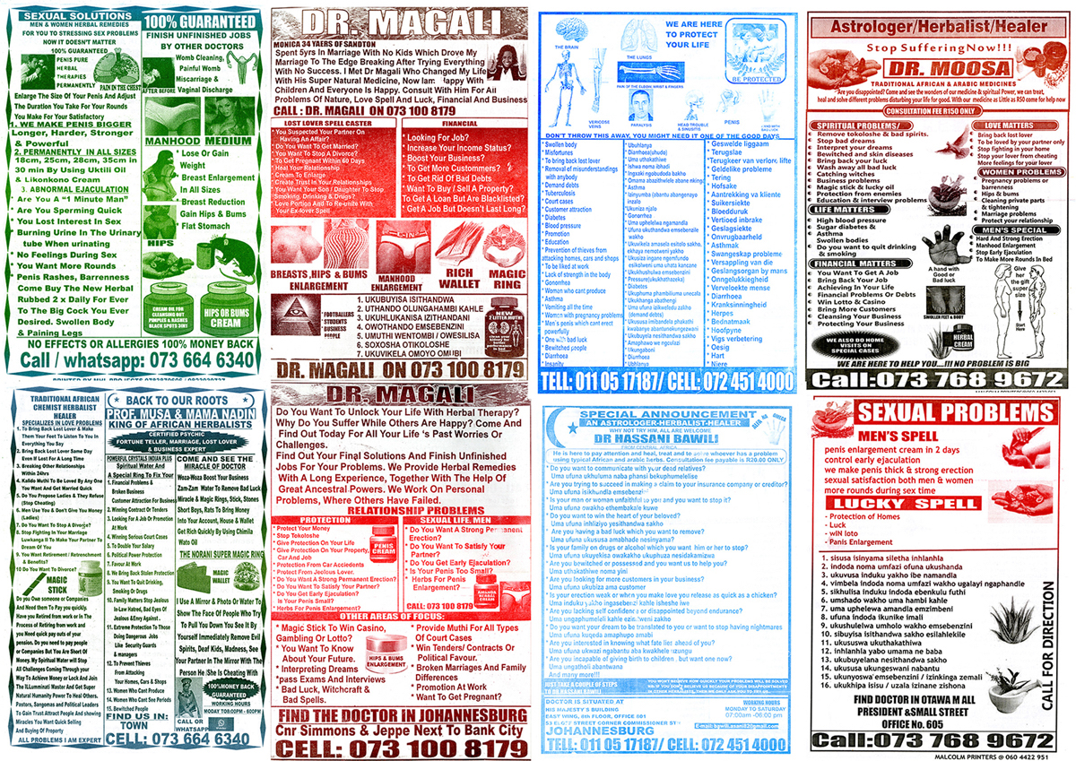 Giya Makondo-Wills, “They Came From The Water While The World Watched” –eight posters advertising the services of different sangomas