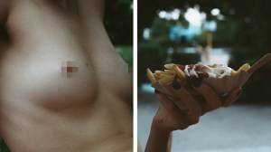 Topless women at Berlin's public pools - On the left in the picture a naked woman's upper body, on the right in the picture a hand holding a bowl full of fries,