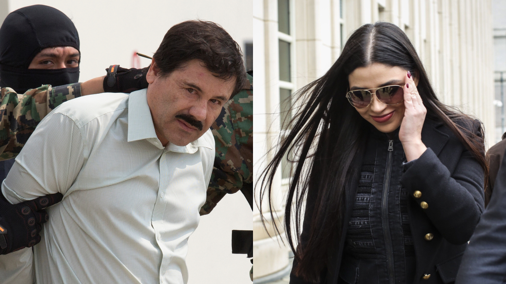 Emma Coronel (R) seen at the trial of El Chapo (L) in Brooklyn in 2019.