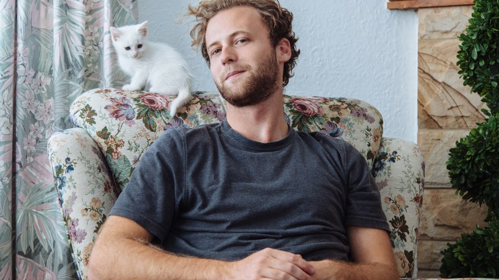 a young guy suits on a floral armchair with a kitten on the headrest.