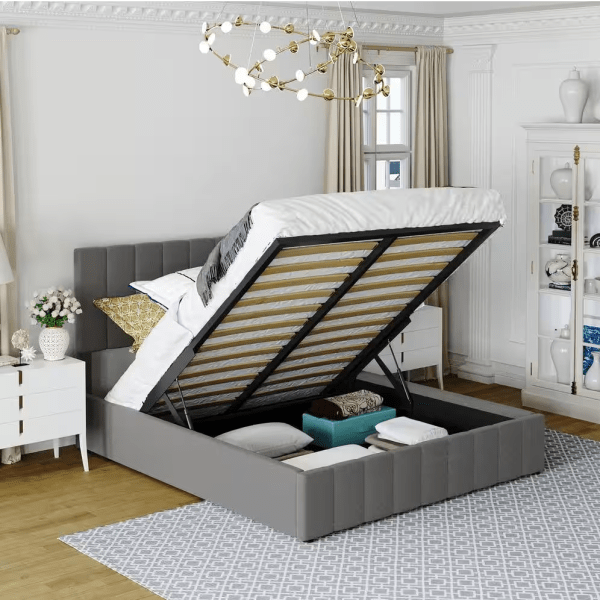 Gray Upholstered Platform Bed With Gas Lift up Storage