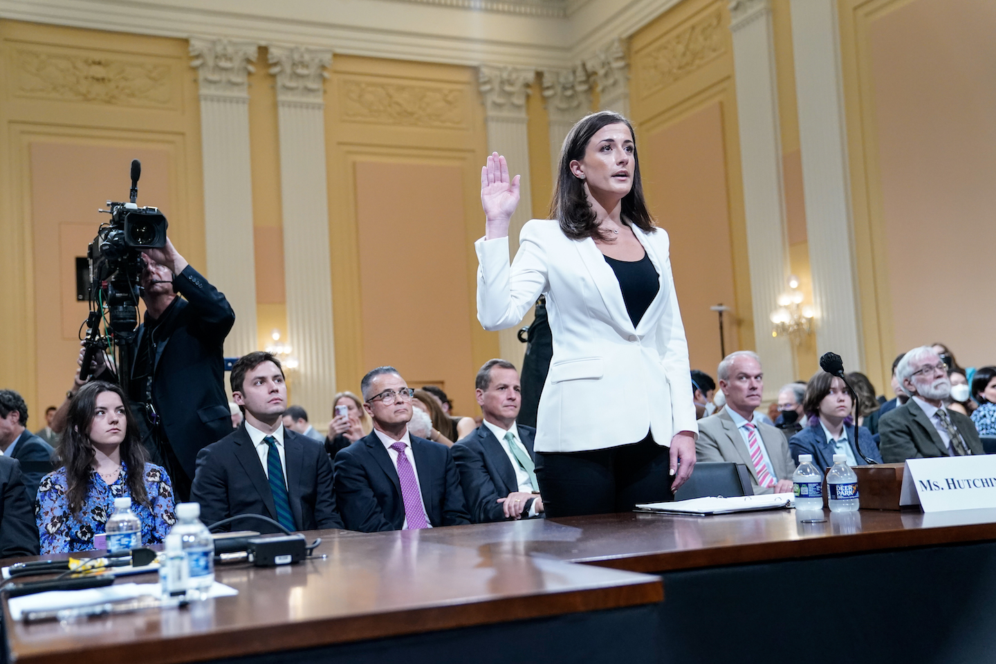 Cassidy Hutchinson, a top aide to Mark Meadows when he was White House chief of staff in the Trump administration, is sworn in as the House Jan. 6 select committee holds a public hearing on Capitol Hill on Tuesday, June 28, 2022. (Jabin Botsford/The Washington Post via Getty Images)