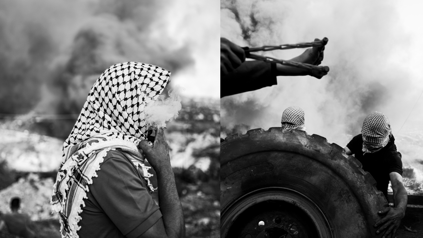 Collage of two photos. Left: a man wearing a keffiyeh with smoke covering his eyes. Right: two men wearing a keffiyeh, fixing a wheel of a big tractor as another person off screen is about to throw a stone with a sling shot.