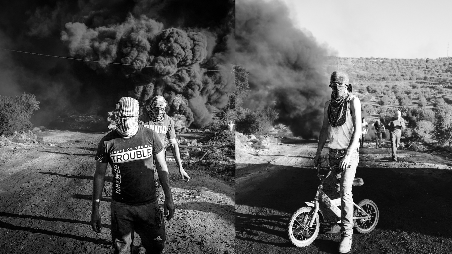 Collage of two photos. Left: Men wearing keffiyeh standing in front of a big cloud of smoke. Right: Man on a BMX, standing in front of a group that's running away from a smoke cloud.