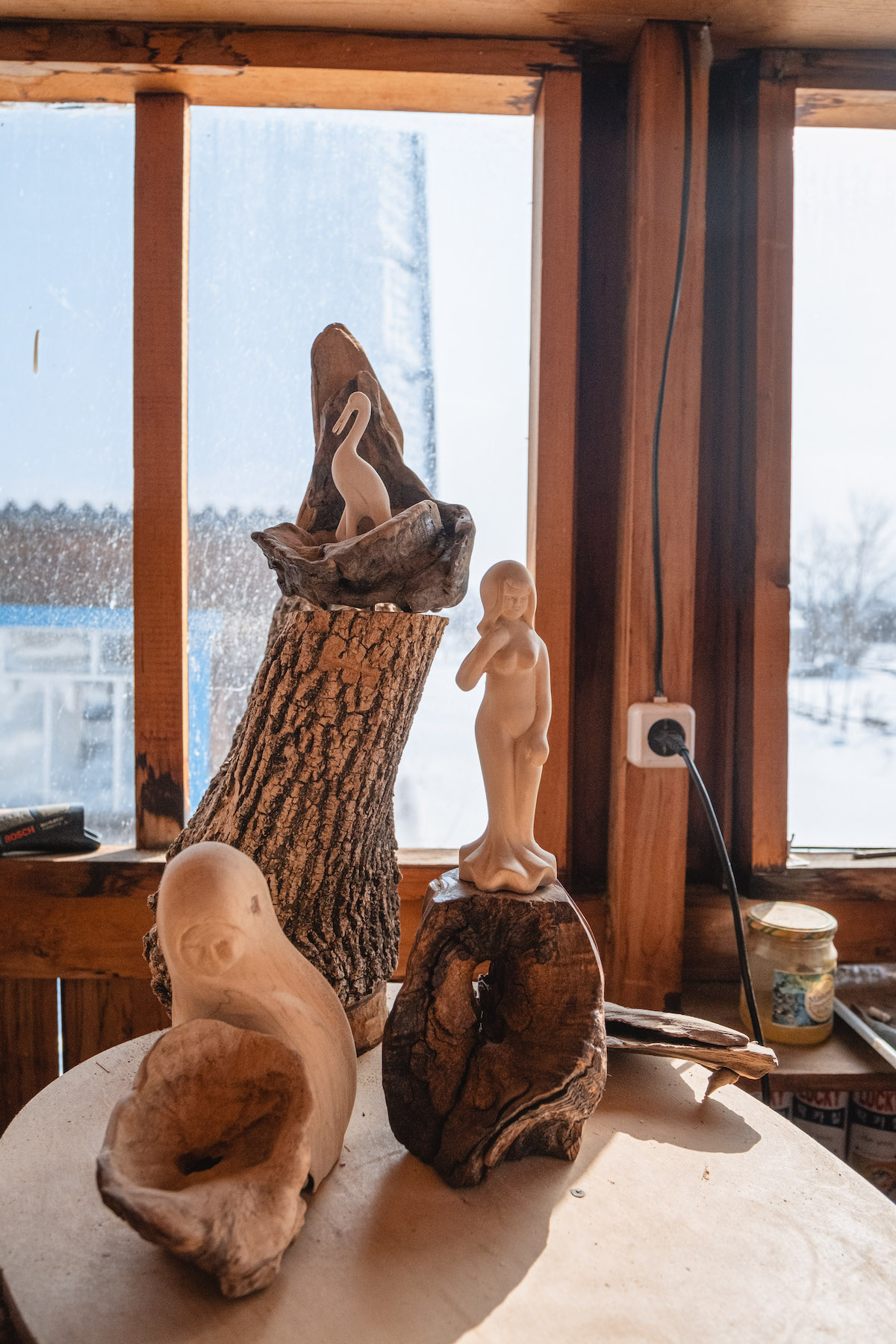 François Artusse, Udege people Russia – various wooden sculptures, two representing women and one a large bird