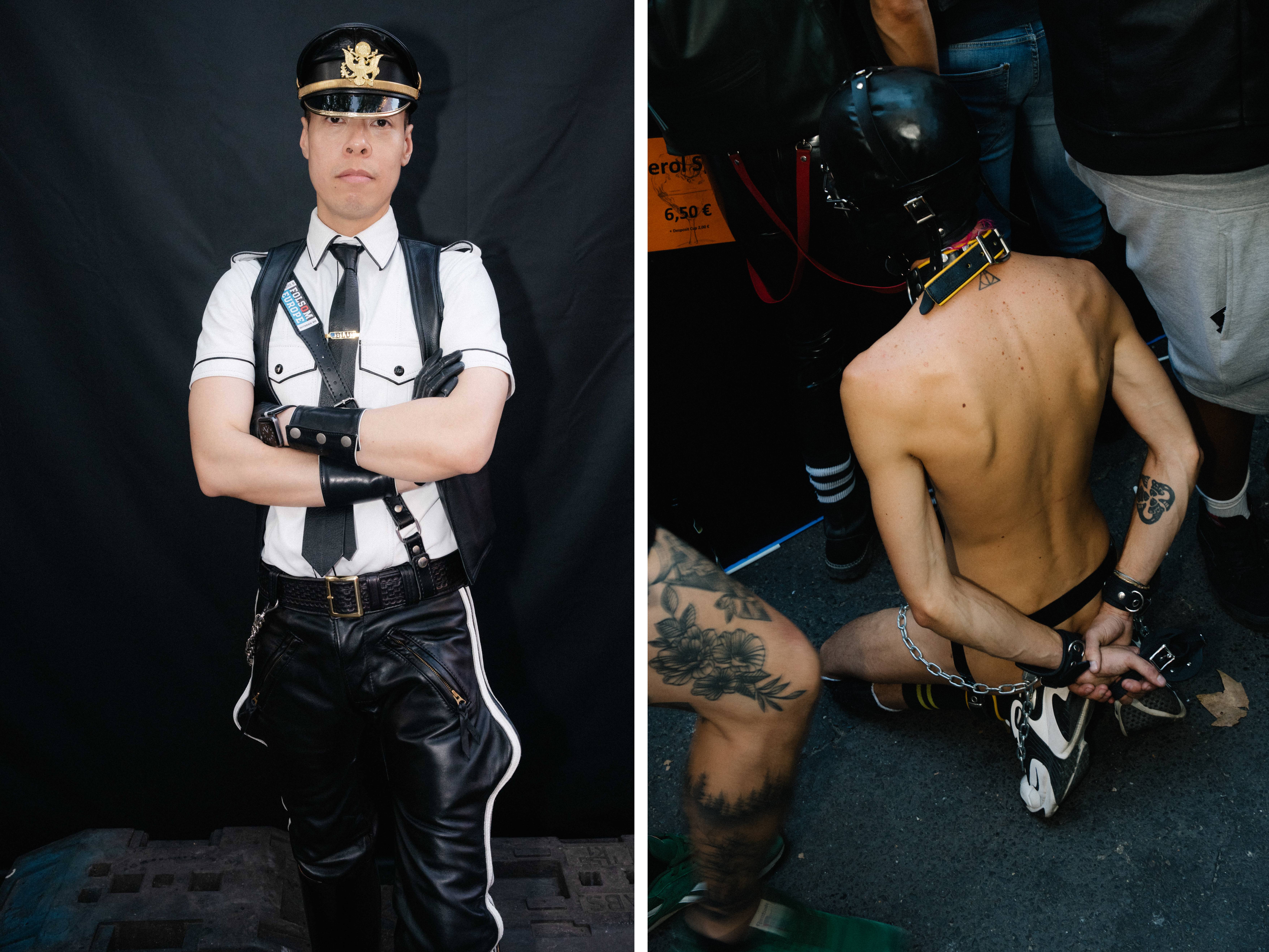 Two photos side by side. Left: A man in a leather police uniform. Right: A person wearing a mask and assless leather underwear kneels down on the street.