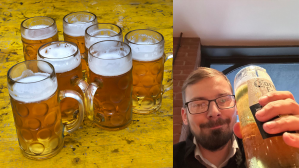 L. Rechts een foto van Jon May met een biertje in zijn hand.