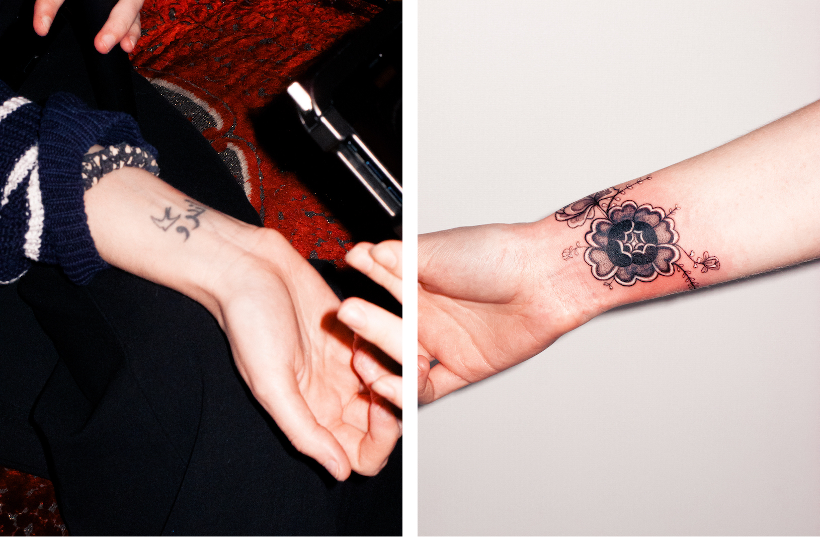 Collage of two photos. Left: A women's wrist with an Arabic tattoo. Right: The Arabic tattoo covered up with a new floral design.