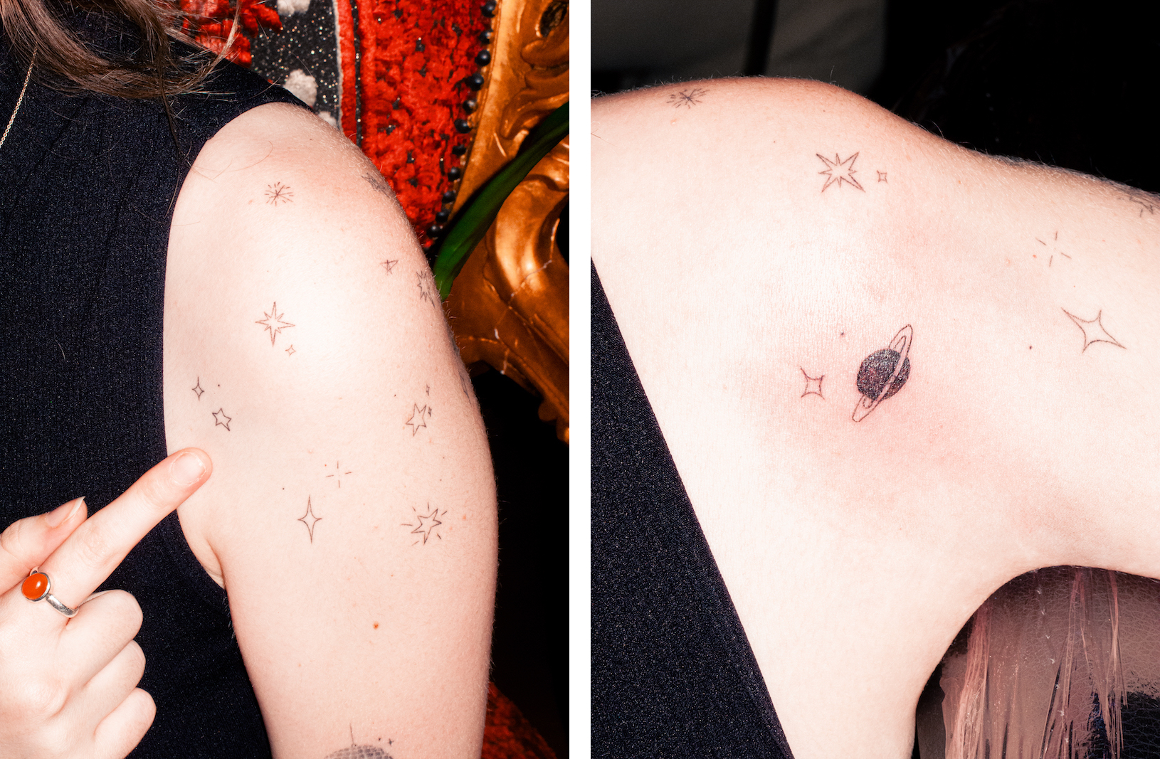 Collage of two photos. Left: A woman's shoulder featuring small tattoos of stars. Right: The same woman's shoulder but one of the stars has been replaced by a tattoo of a planet.