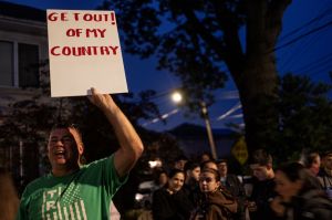 Neighborhood residents, joined by anti-migrant activists, hold an 8th demonstration and rally to protest the city housing migrants at a closed Catholic school, St. John Villa Academy, September 28, 2023, in the Arrochar neighborhood of Staten Island, New