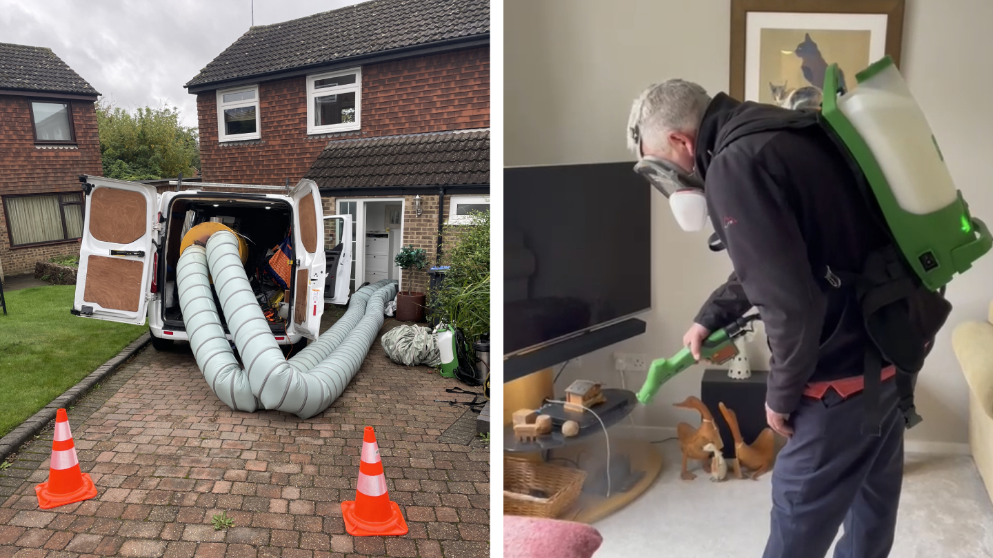 A bed bug exterminator sprays insecticide in Sussex, UK, after he heat treats house