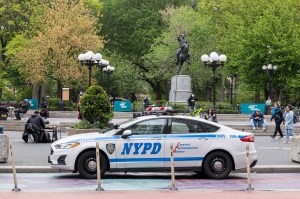 Police car parked in pedestrian zone in Union Square.