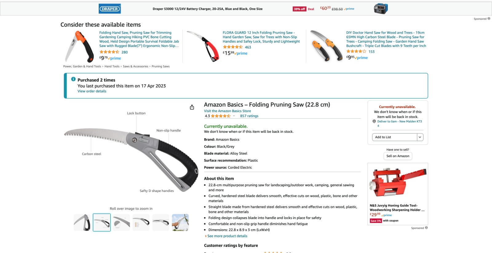 A screenshot of an Amazon listing of a folding pruning saw.