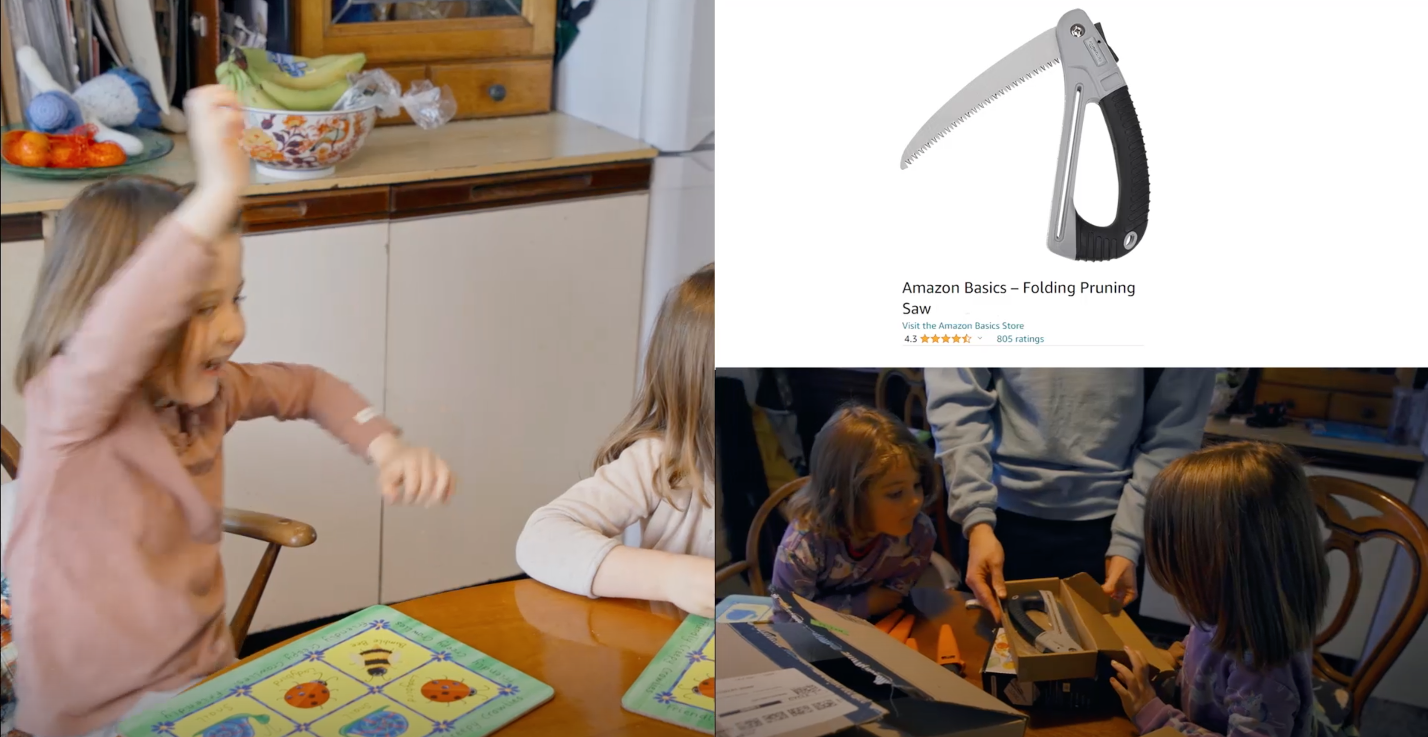 Three photos: two show the author's nieces unpacking Amazon boxes containing garden saws, and one is a screenshot of the saw for sale on Amazon.