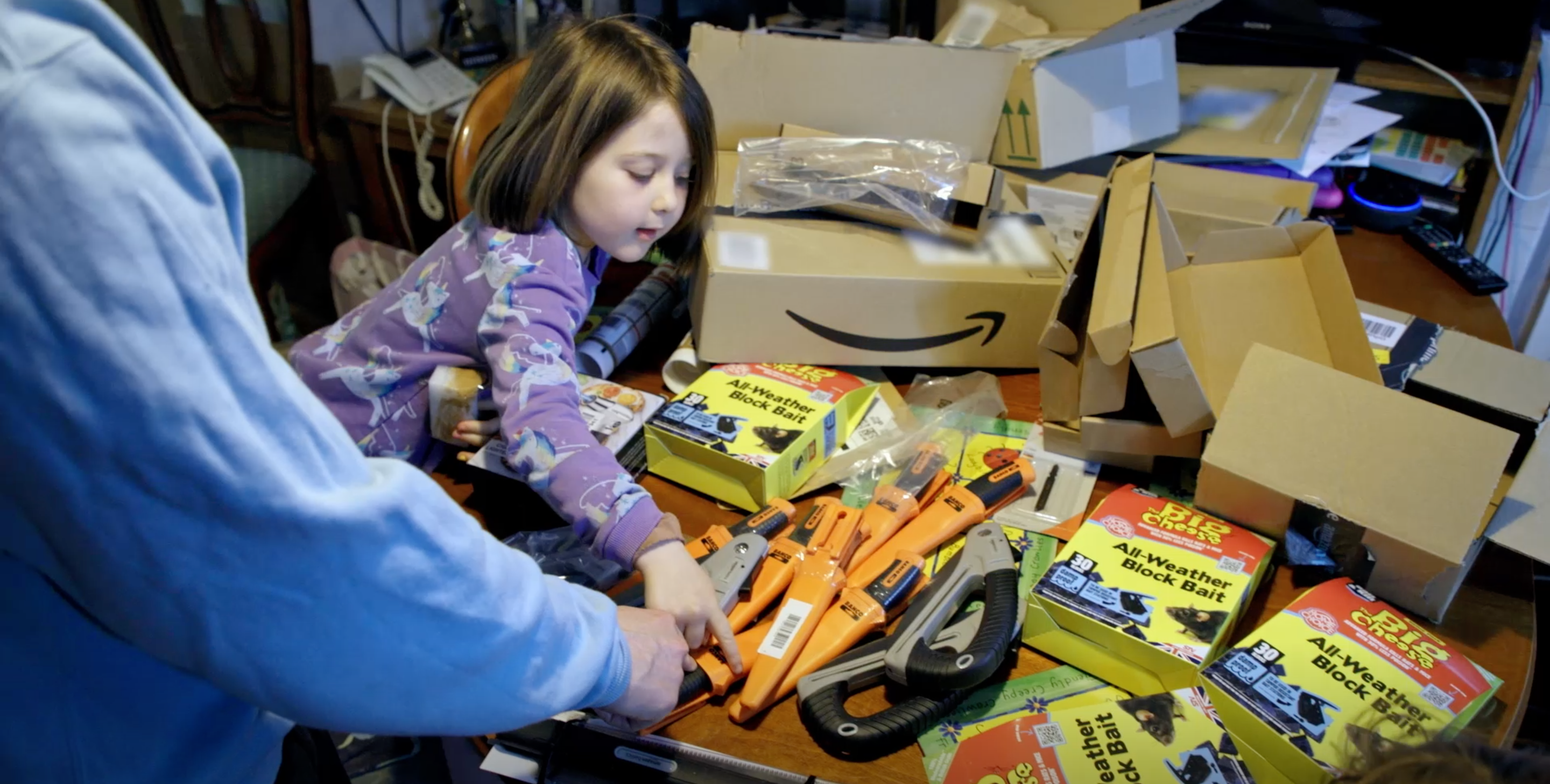 A young child points at a pile of knives and boxes of rat poison on a table.