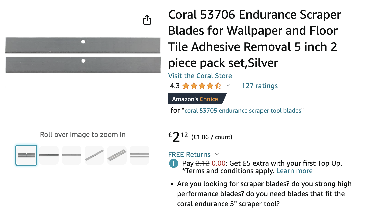 A screenshot of an Amazon listing of five inch scraper blades.