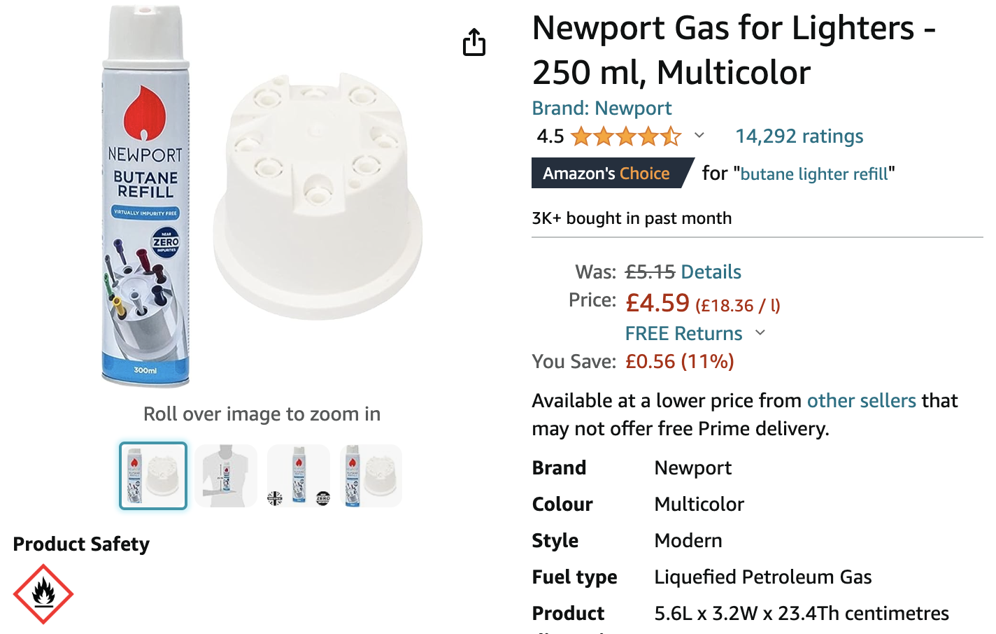 A screenshot of an Amazon listing of a butane gas canister.