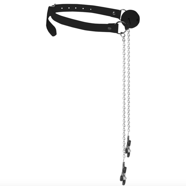 Black & White Breathable Ball Gag With Nipple Clamps