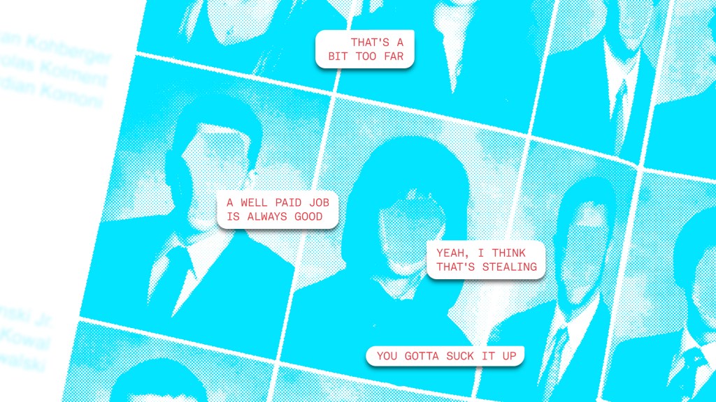 A page of photos of students from a year book, blurred out with a blue filter. Speech bubbles include quotes from the article like 'Yeah, I think that's stealing.'