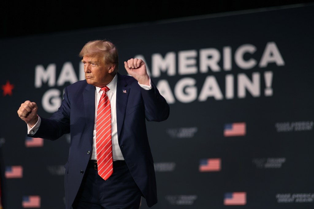 Republican presidential candidate former U.S. President Donald Trump hosts a campaign event at the Orpheum Theater on October 29, 2023 in Sioux City, Iowa.