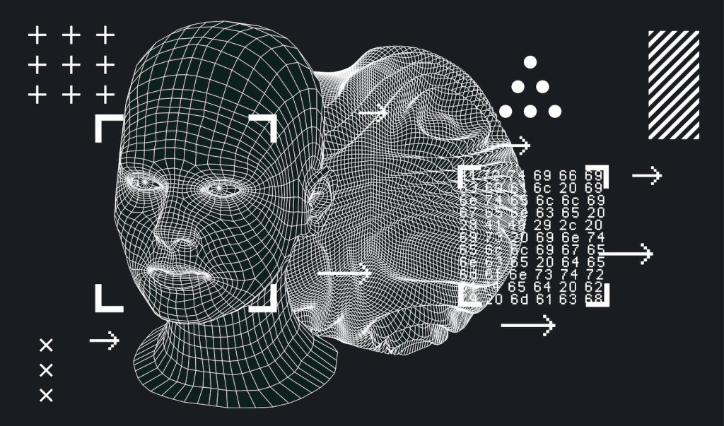 Prosopagnosia, ceguera facial: equipo en blanco y negro ilustración de un rostro humano hecho de malla de alambre