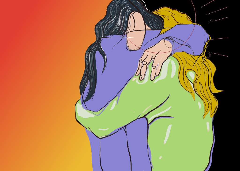 Friend toxic relationship –illustration of two women hugging splitting the image in two. One is black-haired and wearing a lilac jumper, the other blond with a green jumper. Background – left: orange to yellow gradient. Right: black.