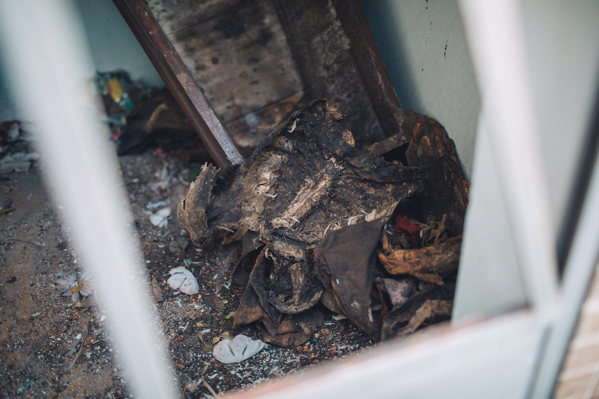 A photo of human bones covered in dirt and leaves, viewed through a smashed window.