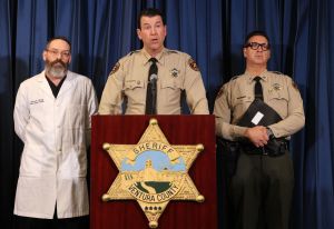 Ventura County Sheriff James Fryhoff speaks during a press conference in Thousand Oaks, California, on November 7, 2023, about the death of Paul Kessler.