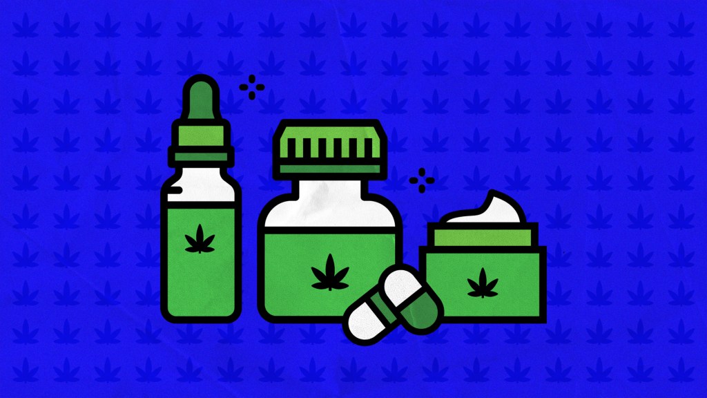 A cartoon of a tub of cream, bottle of pills, pippette bottle with green label and the weed symbol on. Against a blue background with lots of weed symbols.