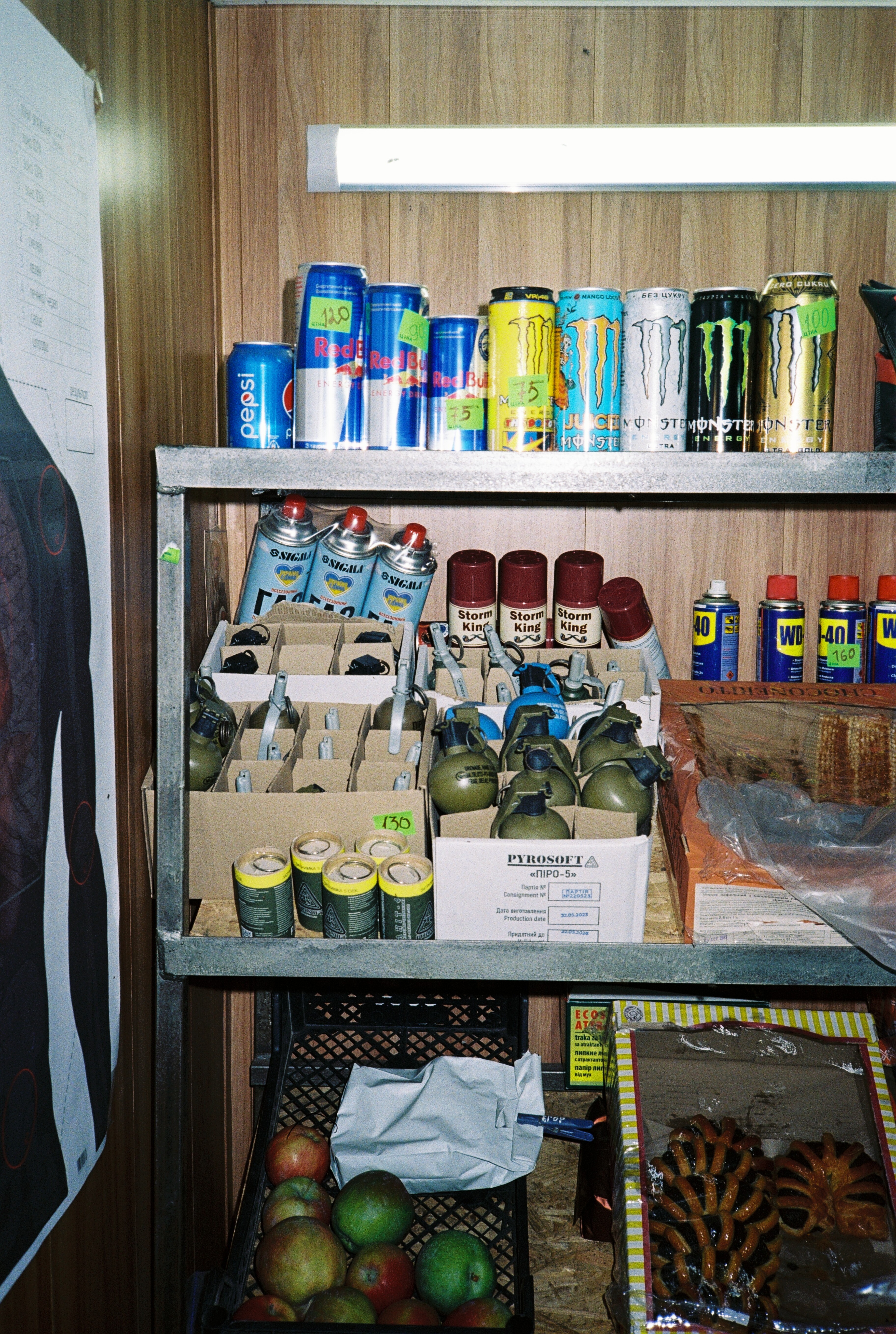 Grenades sold at a store alongside energy drinks