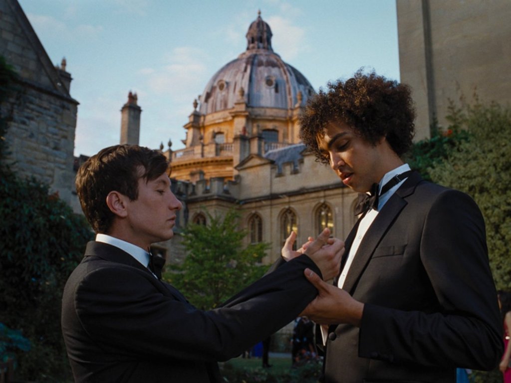 Barry Keoghan​ as Oliver and Archie Madekwe​ as Farleigh​ in ​Saltburn