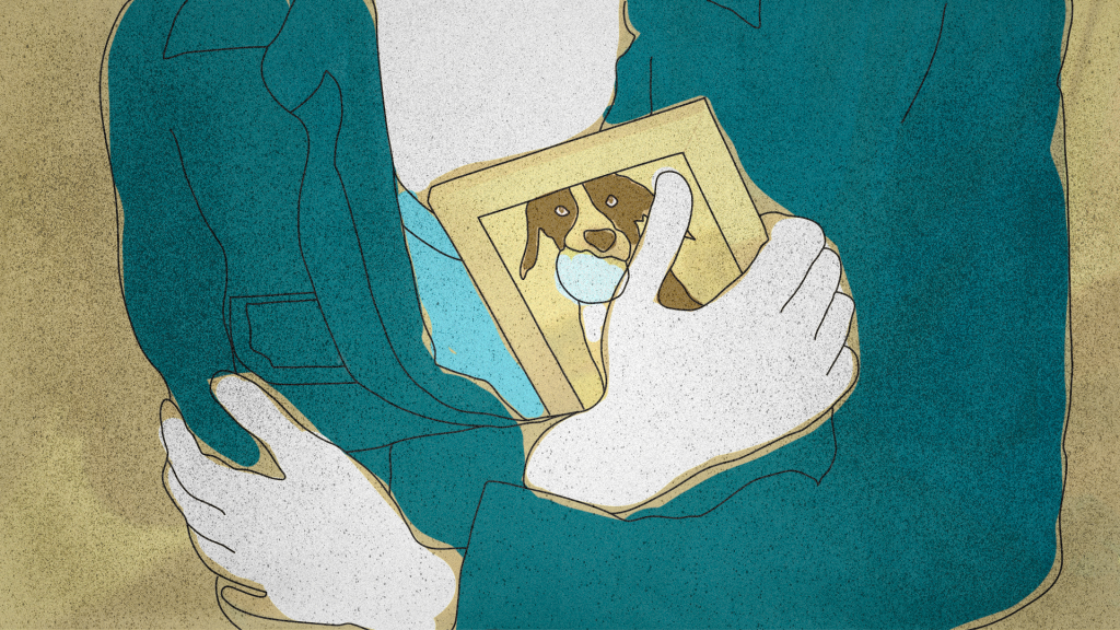 Illustration of a person holding on tight to a framed picture of a dog