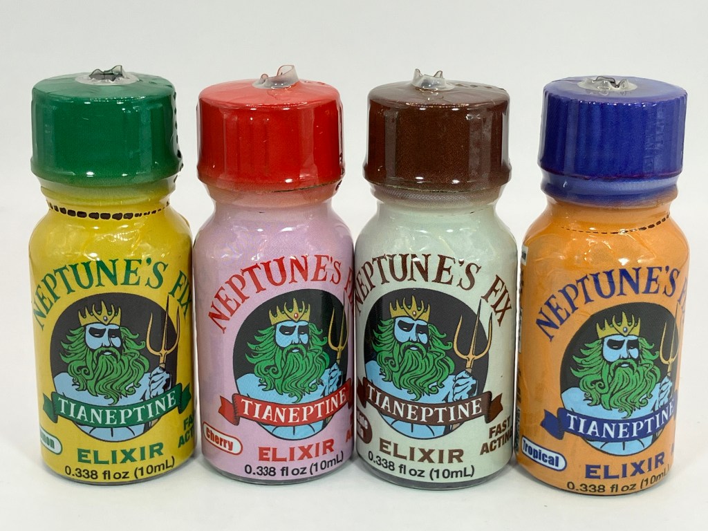 Four bottles of Neptune's Fix tianeptine drinks.