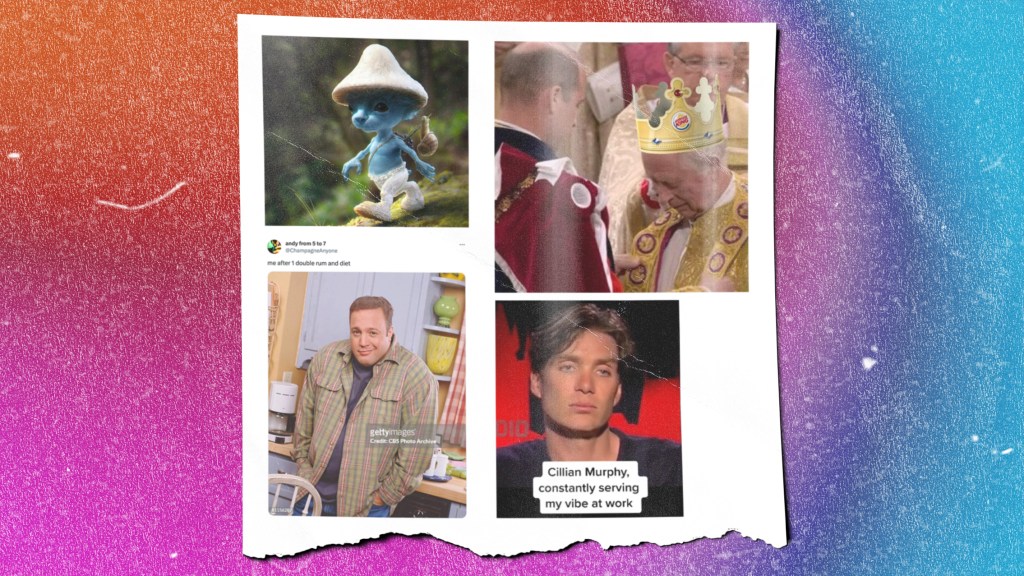 Collection of memes from 2023 including smurf cat, the King, Kevin James and Cillian Murphy