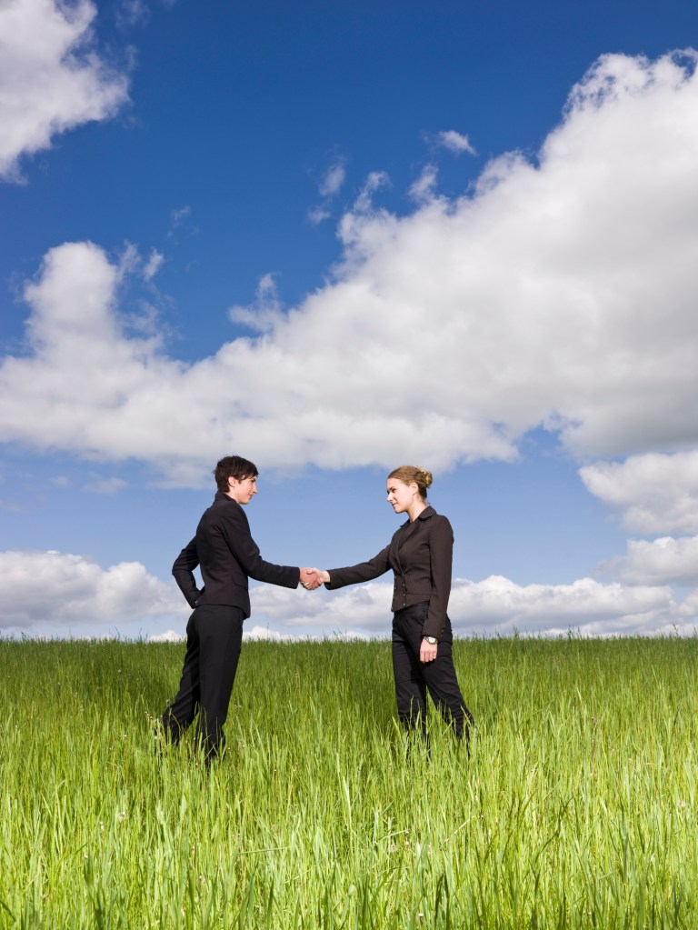 ​Girls shaking hands in a field.