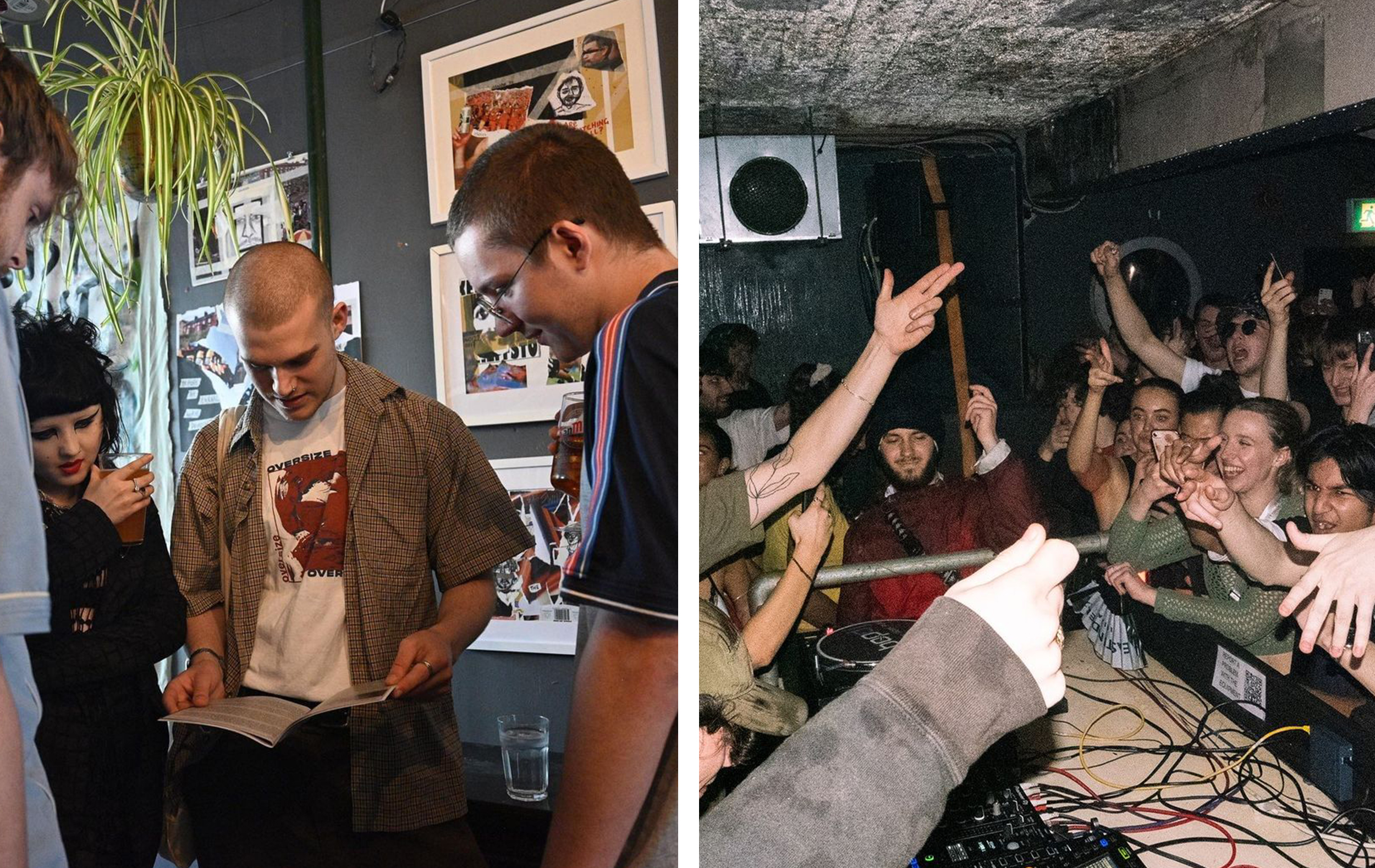 Left: Some cool young people looking at a magazine with art on the walls in the background. Right: a rave in a basement room.