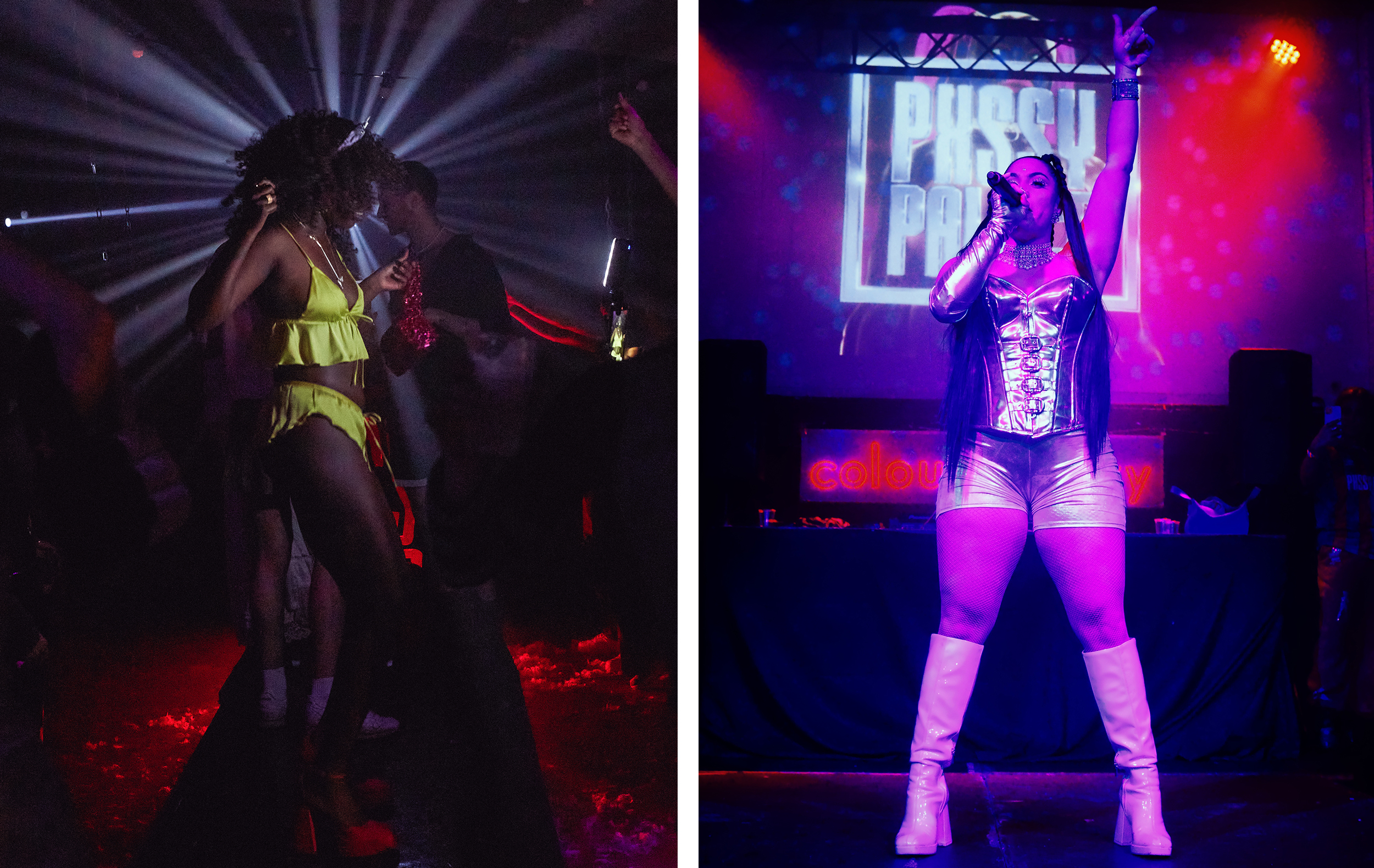 Left: A black woman dancing in a skimpy outfit with light shining behind her on a dancefloor. Right a woman in shiny silver shorts and corset on stage with a mic and the logo of Pussy Palace in the background.