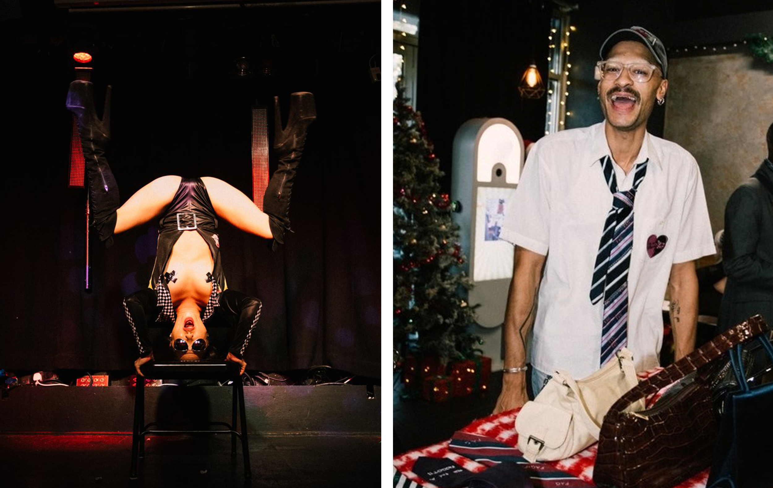 Left: A preson in a leotard with their boobs out with nipple tape, balancing on their head on a chair in leather boots. Right: A man wearing a shirt and tie selling handbags from a stall.