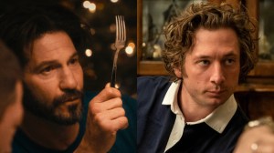 ​Mikey (Jon Bernthal) with the fork; Carmy (Jeremy Allen White​) from ​The Bear​.