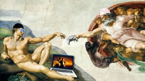 Collage of the painting "The Creation of Adam", but with modern accessories such as sunglasses, a laptop and a game controller and a cap.