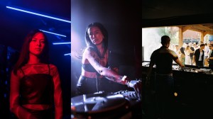 dj mental health - collage of three photos of djs. Left: a woman with long dark hair stands in red and blue club lights. Centre: a woman with long dark hair is playing records in a spotlight. Right: photo taken from the back of a man playing in a dj booth