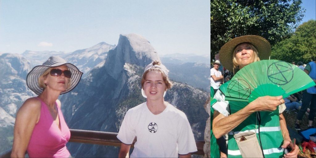 Extinction Rebellion boomers Gen Z climate protests – left: blond woman in sunglasses, a sunhat and pink top next to young blond kid wearing a white t-shirt and white hat, posing in front of mountains. Right: woman in a sunhat and green vest using a green