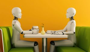 computer generated image of two robots sitting at a table having coffee. bot 1 is telling bot 2 about a very exciting business opportunity that definitely doesn't involve violating its ethical use policies.