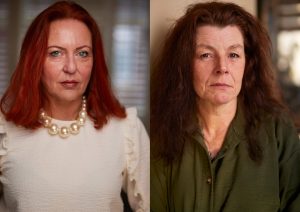 collage of two portraits of women. Left: a woman with red hair and blue eyes wearing a big necklace with pearls and a white blouse. Right: a woman with long, brown hair wearing a kaki shirt