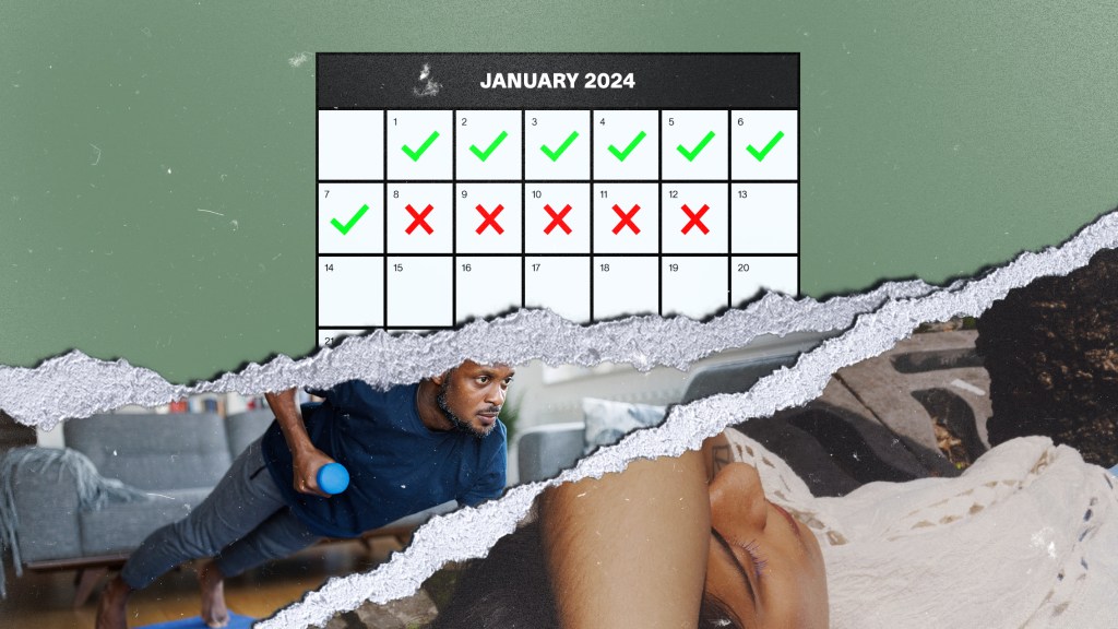 collage of a january 2024 calendar man exercising and woman lying down representing new year's resolutions