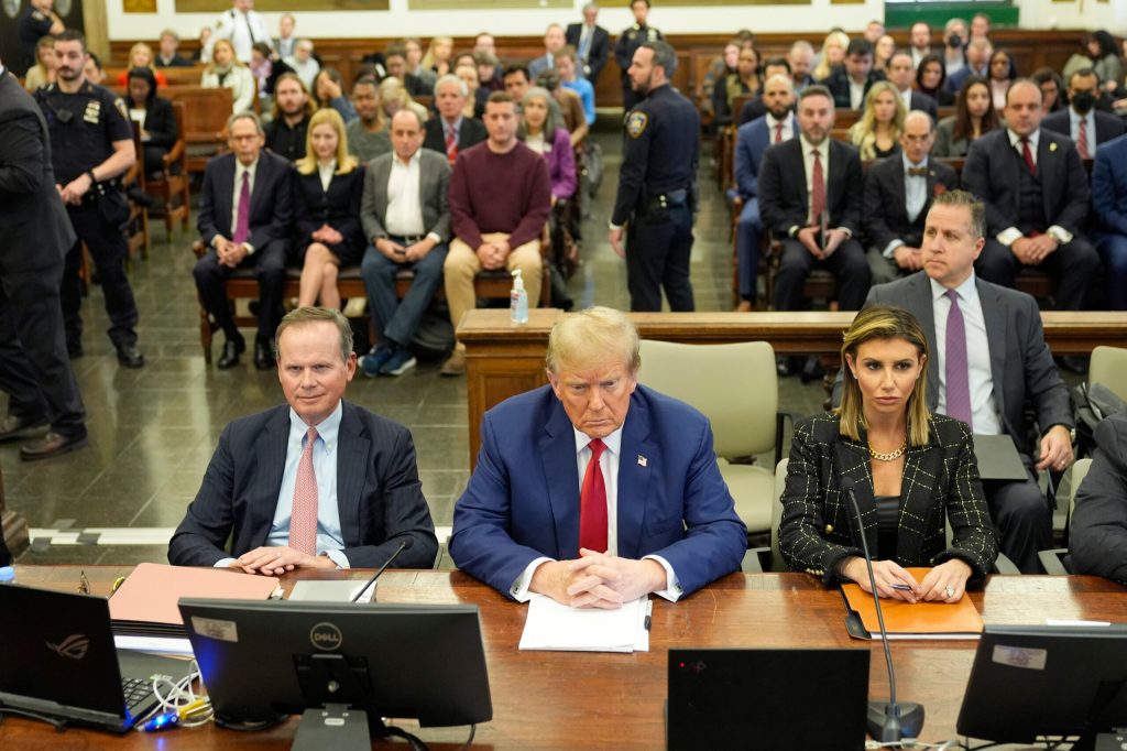 Former U.S. President Donald Trump and his lawyers Christopher Kise and Alina Habba attend the closing arguments in the Trump Organization civil fraud trial at New York State Supreme Court on January 11, 2024 in New York City.