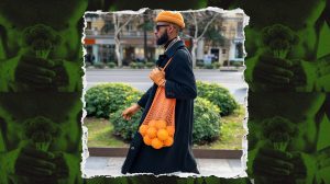 A photo of a black man carring oranges in a netted bag, collages on a photo of a man holding broccoli like flowers.