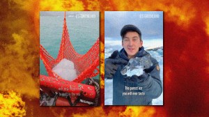 A collage of the world on fire in background with 2 screenshots in front of a TikTok showing a man holding ice, and ice in a net.